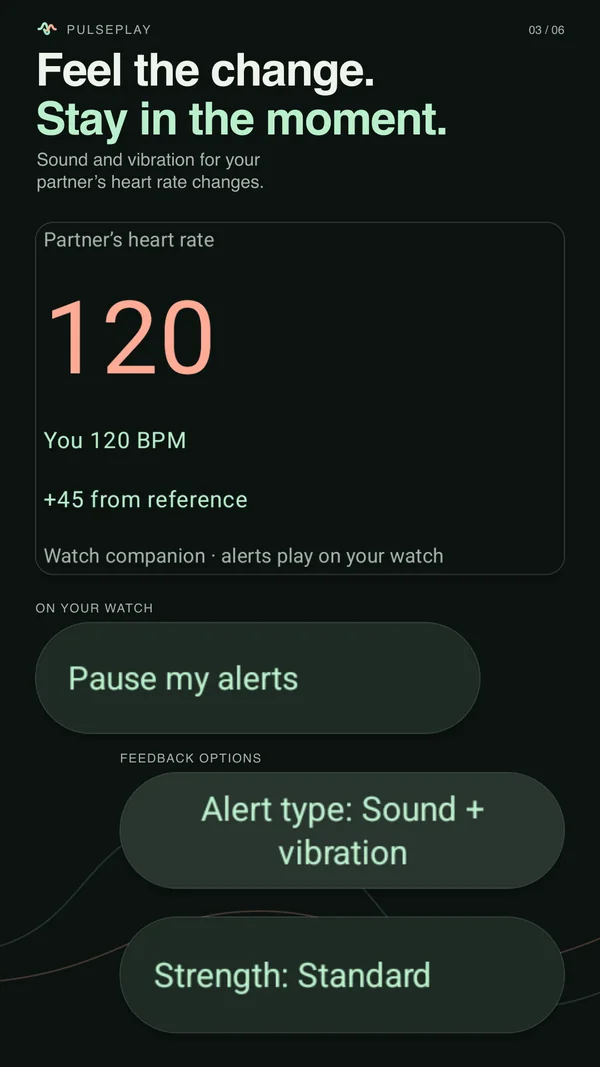 A shared watch session and its alert controls show how a wearer can notice their partner’s changes.