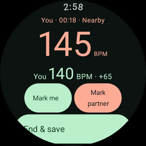 A live shared watch session shows the partner’s heart rate, the wearer’s own reading and controls to mark a moment.