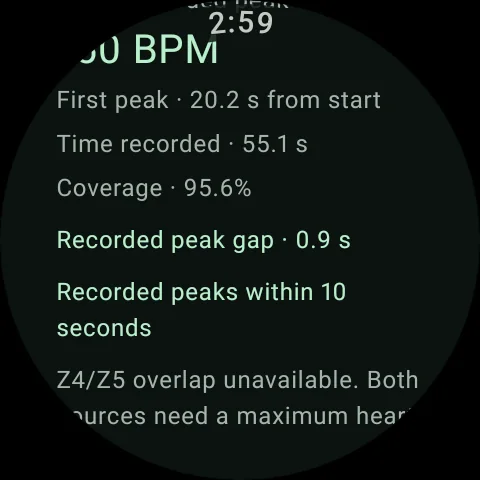 The shared watch summary compares the timing of the two recorded heart rate peaks.