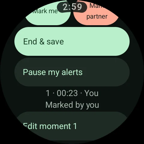 The watch offers controls to pause shared-session alerts while the recording continues.