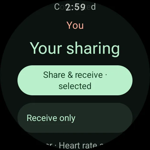 The watch lets the participant choose Share and receive or Receive only for the nearby connection.
