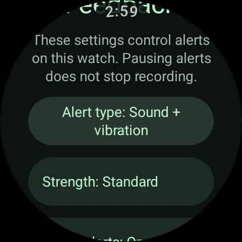 Watch feedback settings show the selected alert type and vibration strength.