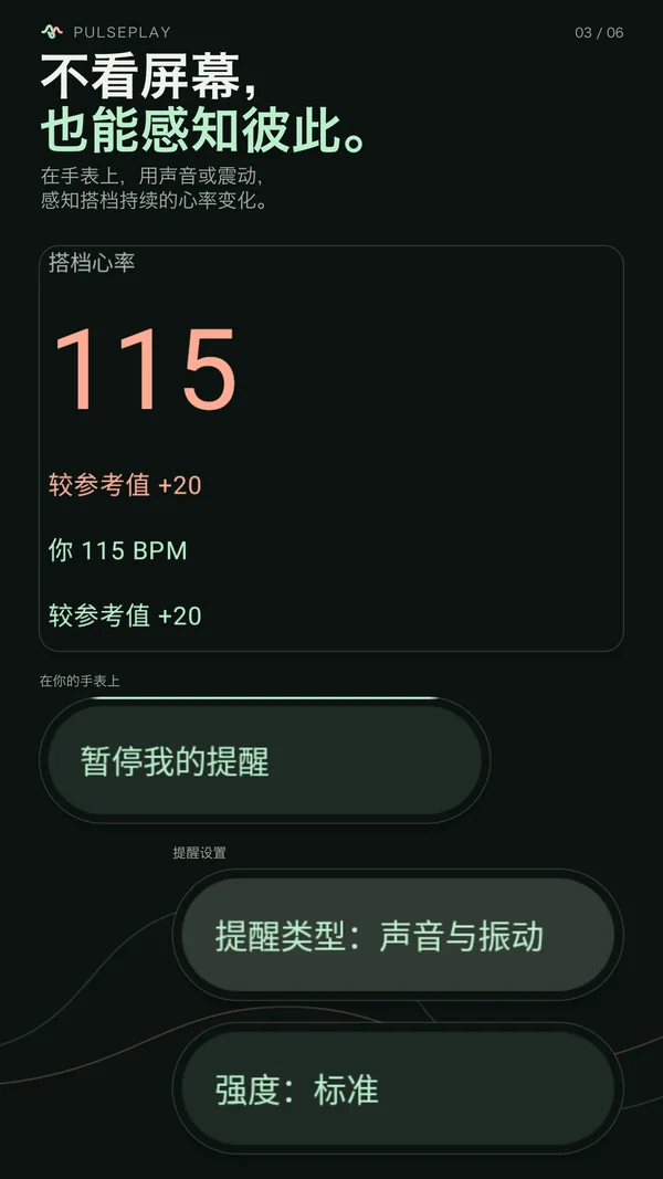 手机共享界面与手表提醒控件展示搭档的心率、暂停提醒，以及声音和震动设置。